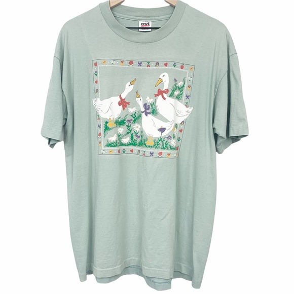 Vintage Tops - Vintage Single Stitch T Shirt Goose Tee Green Crewneck Anvil XL Bird Graphic Tee